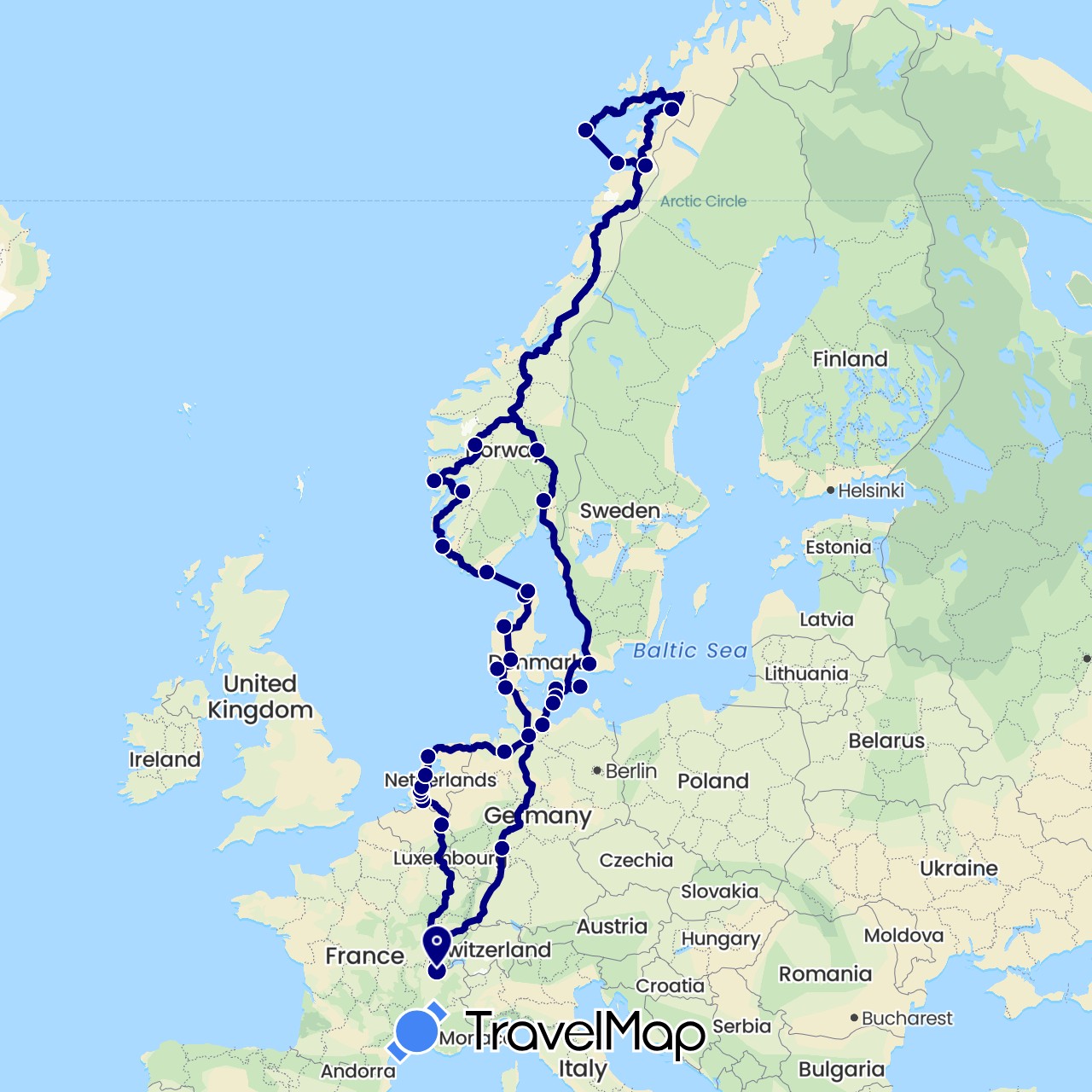 TravelMap itinerary: driving in Germany, Denmark, France, Netherlands, Norway, Sweden (Europe)