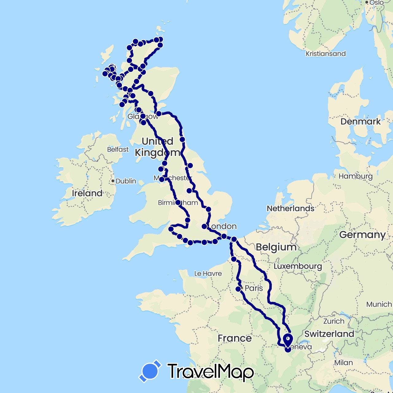 TravelMap itinerary: driving in France, United Kingdom (Europe)