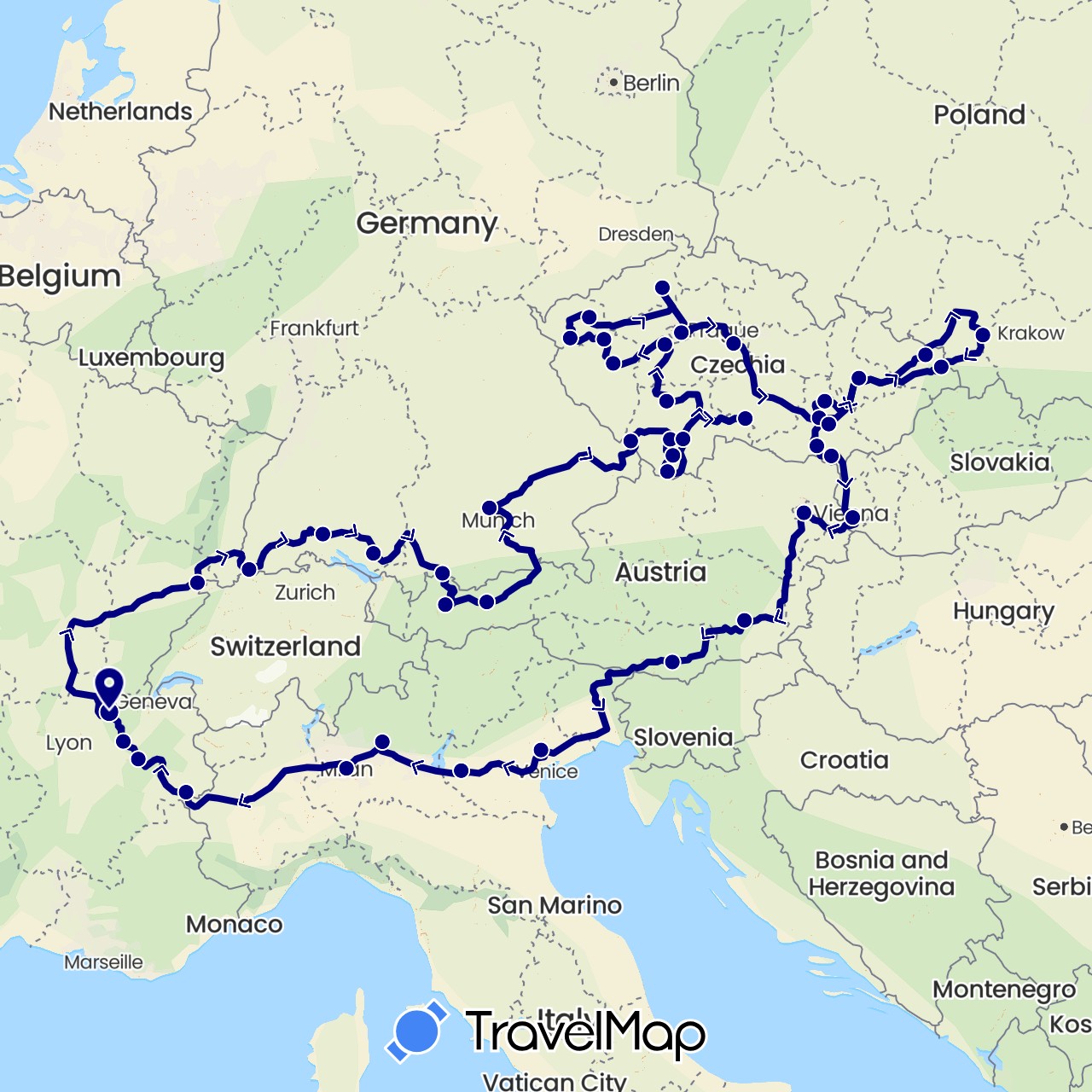 TravelMap itinerary: driving in Austria, Czech Republic, Germany, France, Italy, Poland, Slovakia (Europe)