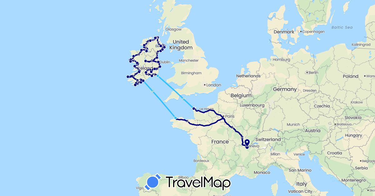 TravelMap itinerary: driving, boat in France, United Kingdom, Ireland (Europe)