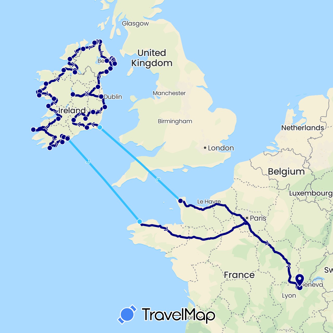 TravelMap itinerary: driving, boat in France, United Kingdom, Ireland (Europe)